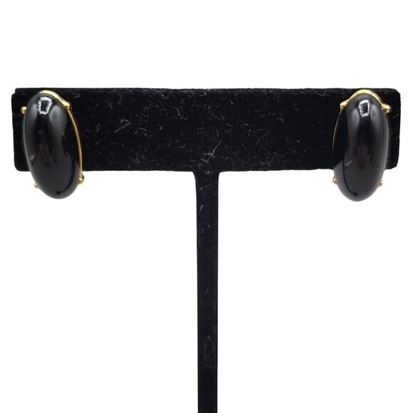 Monet Black Oval Post Earrings Gold Tone Textured Backing - Picture 1 of 6